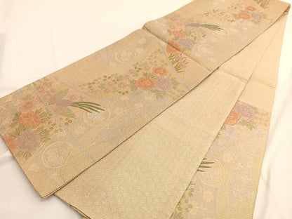 平和屋着物◎佐賀錦 六通柄袋帯 唐織 尾長鳥几帳花文 銀糸 正絹 逸品 BAAV9553hv