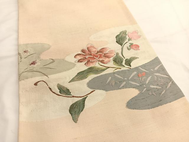 平和屋着物◎太鼓柄袋帯 紬地 すくい織 枝花文 正絹 逸品 BAAV9559hv