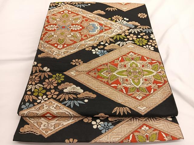 平和屋着物◎六通柄京袋 本袋帯 松竹梅花菱文 黒地 金糸 正絹 逸品 BAAV9569hv
