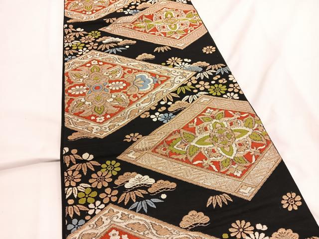 平和屋着物◎六通柄京袋 本袋帯 松竹梅花菱文 黒地 金糸 正絹 逸品 BAAV9569hv