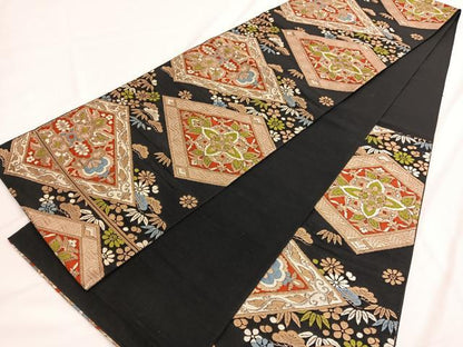 平和屋着物◎六通柄京袋 本袋帯 松竹梅花菱文 黒地 金糸 正絹 逸品 BAAV9569hv