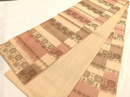 平和屋着物◎全通柄袋帯 ふくれ織 横段花文 正絹 逸品 BAAV9587hv