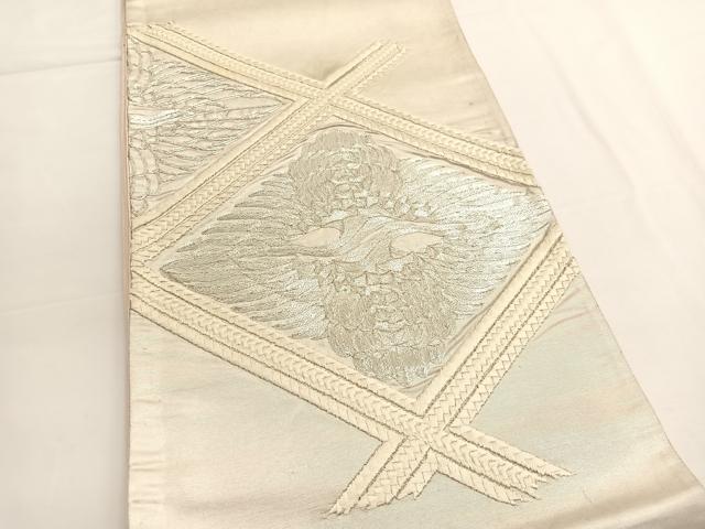 平和屋着物◎太鼓柄袋帯 総刺繍 駒刺繍 双鶴文 銀糸 引箔 正絹 逸品 BAAV9606hv
