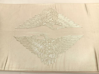 平和屋着物◎太鼓柄袋帯 総刺繍 駒刺繍 双鶴文 銀糸 引箔 正絹 逸品 BAAV9606hv