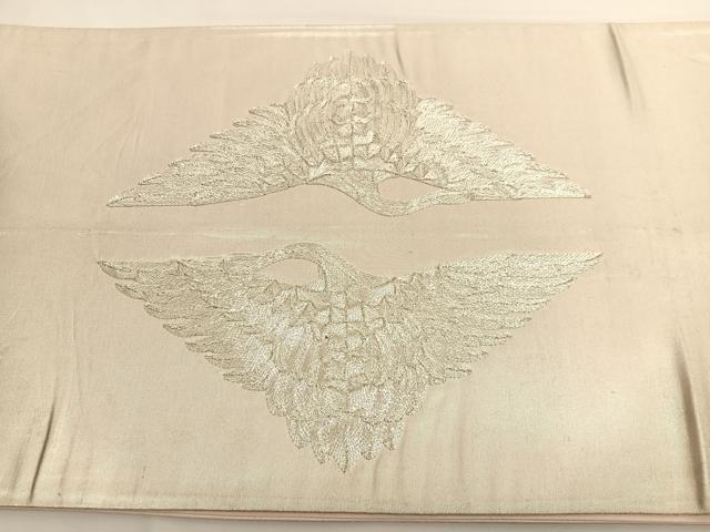平和屋着物◎太鼓柄袋帯 総刺繍 駒刺繍 双鶴文 銀糸 引箔 正絹 逸品 BAAV9606hv