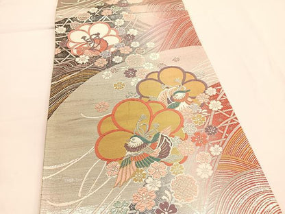 平和屋着物◎六通柄袋帯 唐織 鴛鴦立波花文 金銀糸 正絹 逸品 BAAV9610hv