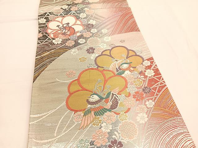平和屋着物◎六通柄袋帯 唐織 鴛鴦立波花文 金銀糸 正絹 逸品 BAAV9610hv