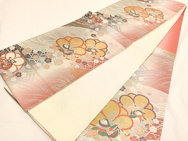 平和屋着物◎六通柄袋帯 唐織 鴛鴦立波花文 金銀糸 正絹 逸品 BAAV9610hv