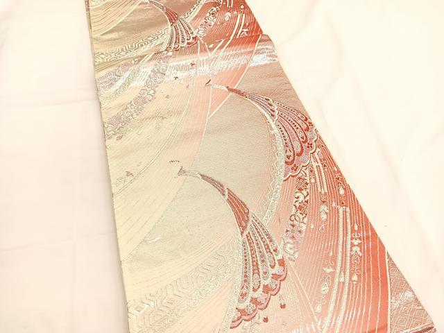 平和屋着物◎六通柄袋帯　孔雀　銀糸　正絹　逸品　BAAV9625hv