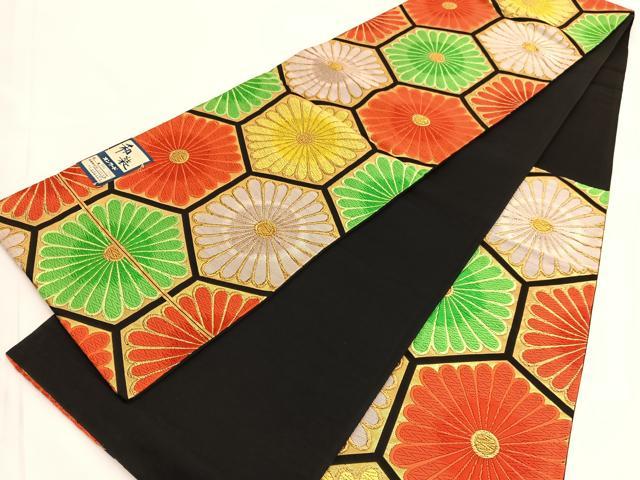 平和屋着物◎六通柄袋帯　唐織　亀甲菊文　黒地　金銀糸　正絹　逸品　BAAV9660hv