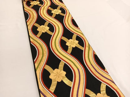 平和屋着物◎六通柄袋帯 唐織 立涌花文 黒地 金糸 正絹 逸品 BAAV9662hv