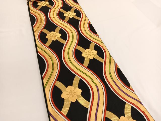 平和屋着物◎六通柄袋帯 唐織 立涌花文 黒地 金糸 正絹 逸品 BAAV9662hv
