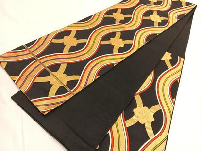 平和屋着物◎六通柄袋帯 唐織 立涌花文 黒地 金糸 正絹 逸品 BAAV9662hv