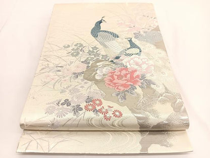 平和屋着物◎六通柄袋帯　唐織　孔雀花文　プラチナ箔二重織　正絹　逸品　BAAV9664hv