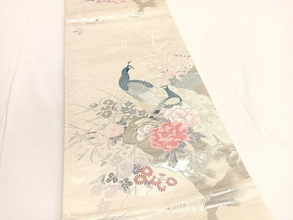 平和屋着物◎六通柄袋帯　唐織　孔雀花文　プラチナ箔二重織　正絹　逸品　BAAV9664hv