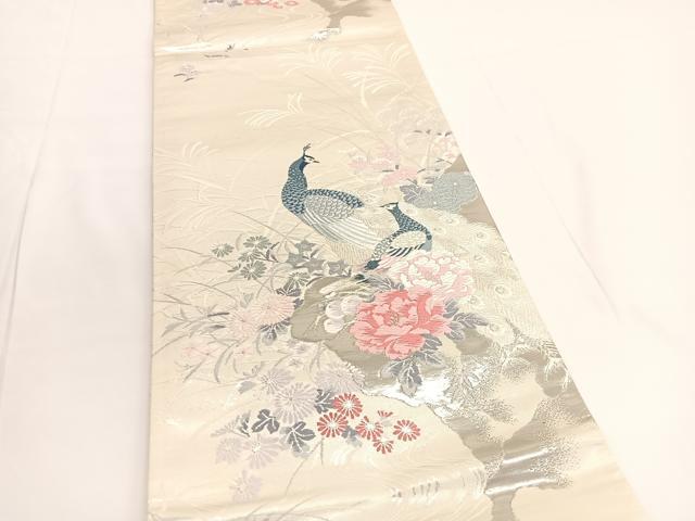 平和屋着物◎六通柄袋帯　唐織　孔雀花文　プラチナ箔二重織　正絹　逸品　BAAV9664hv