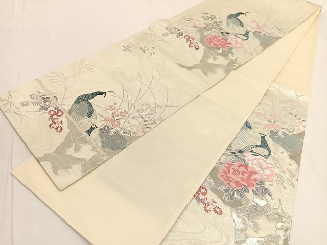 平和屋着物◎六通柄袋帯　唐織　孔雀花文　プラチナ箔二重織　正絹　逸品　BAAV9664hv