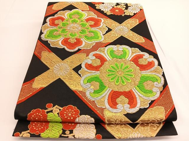 平和屋着物◎六通柄袋帯　唐織　宝相華菱天井花文　黒地　金銀糸　正絹　逸品　BAAV9665hv