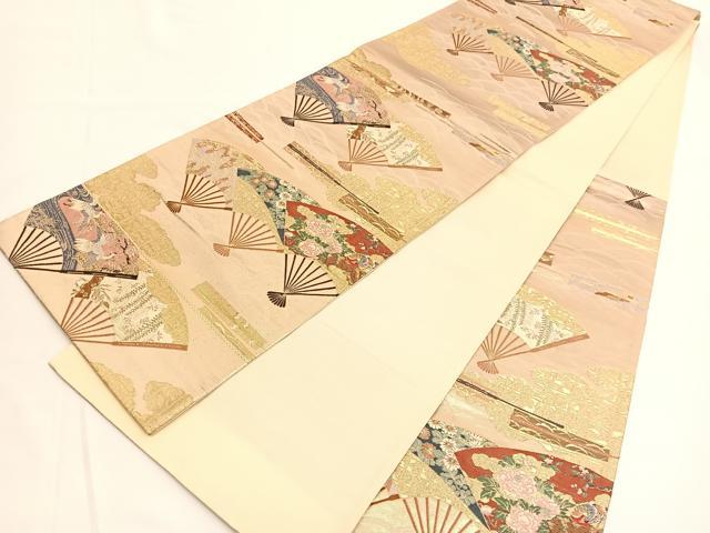 平和屋着物◎六通柄袋帯 唐織 扇面飛鶴花文 金糸 引箔 正絹 逸品 BAAV9676hv