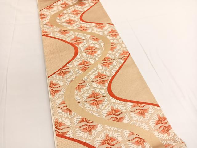 平和屋着物◎六通柄袋帯　唐織　流水双鶴文　金糸　正絹　逸品　BAAV9678hv