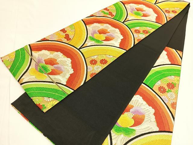 平和屋着物◎六通柄袋帯　唐織　牡丹青海波花文　黒地　金銀糸　正絹　逸品　BAAV9679hv
