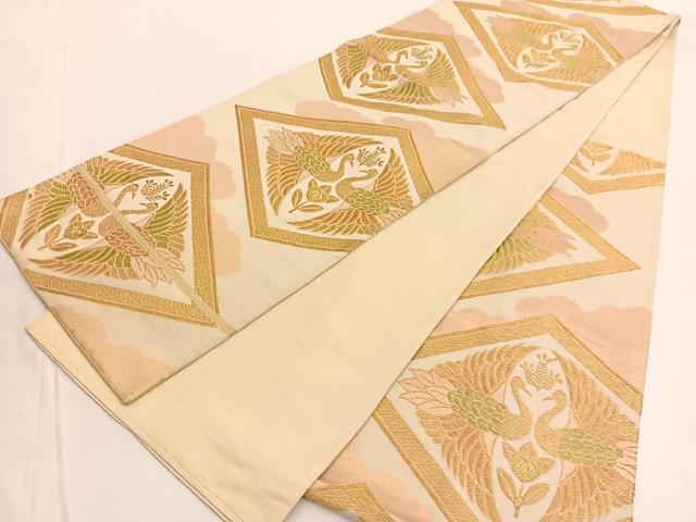 平和屋着物◎六通柄袋帯　双鶴菱文　金糸　正絹　逸品　BAAV9682hv