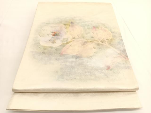 平和屋着物◎太鼓柄袋帯　刺繍　椿　金彩　引箔　正絹　逸品　BAAV9685hv