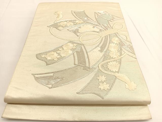 平和屋着物◎太鼓柄袋帯　総刺繍　駒刺繍　束ね熨斗花文　銀糸　引箔　正絹　逸品　BAAV9691hv