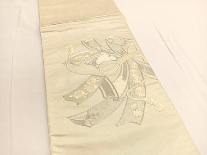 平和屋着物◎太鼓柄袋帯　総刺繍　駒刺繍　束ね熨斗花文　銀糸　引箔　正絹　逸品　BAAV9691hv