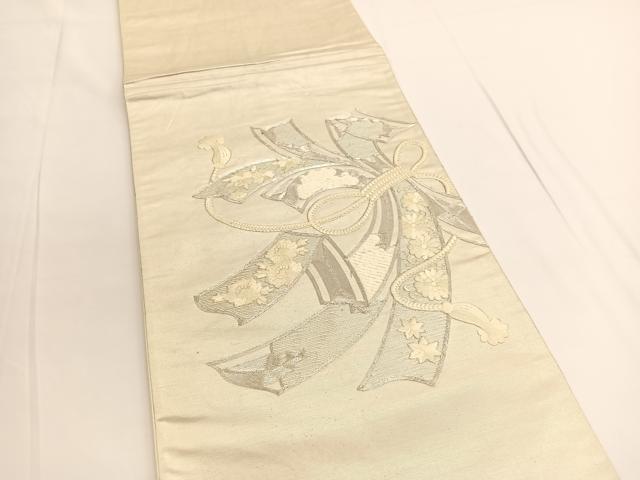 平和屋着物◎太鼓柄袋帯　総刺繍　駒刺繍　束ね熨斗花文　銀糸　引箔　正絹　逸品　BAAV9691hv