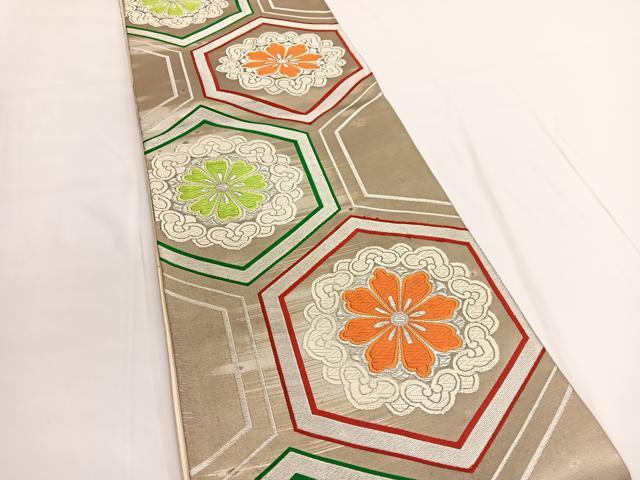 平和屋着物◎六通柄袋帯 唐織 亀甲花文 銀糸 正絹 逸品 BAAV9705hv