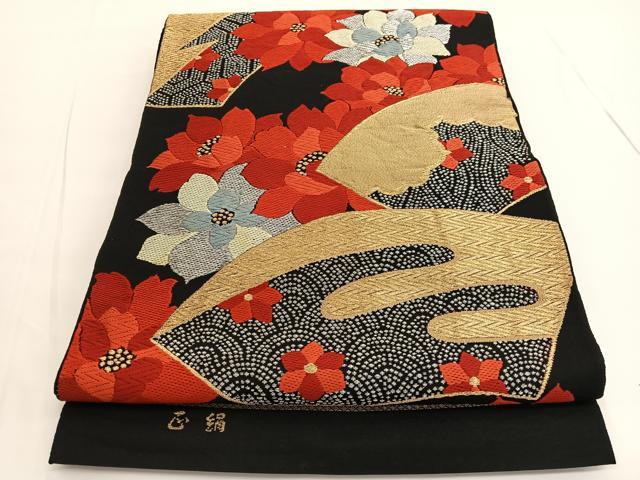 平和屋着物◎六通柄 本袋帯 唐織 地紙花文 黒地 金銀糸 正絹 逸品 BAAV9709hv
