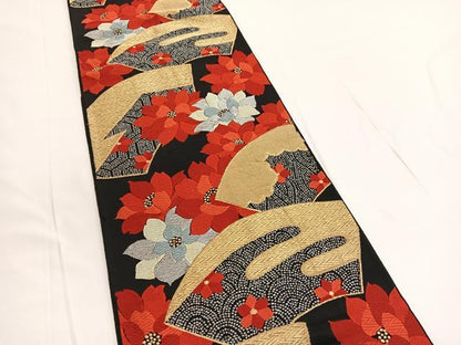平和屋着物◎六通柄 本袋帯 唐織 地紙花文 黒地 金銀糸 正絹 逸品 BAAV9709hv