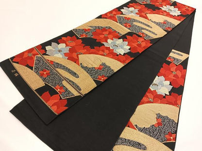 平和屋着物◎六通柄 本袋帯 唐織 地紙花文 黒地 金銀糸 正絹 逸品 BAAV9709hv