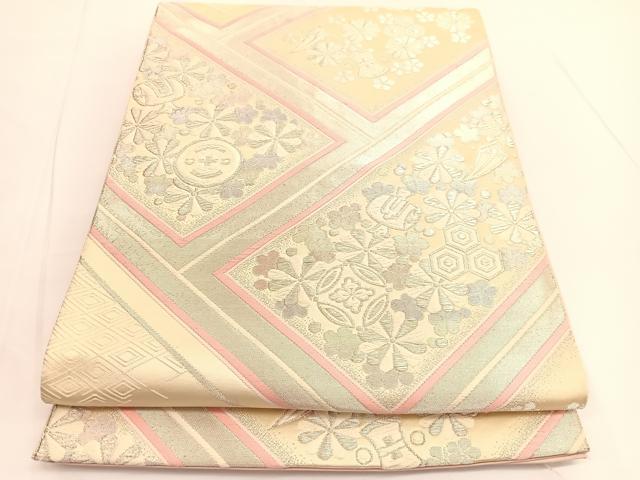 平和屋着物◎六通柄袋帯 唐織 檜垣宝尽くし花文 銀糸 正絹 逸品 BAAV9719hv