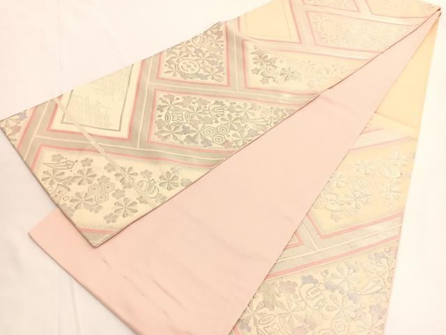 平和屋着物◎六通柄袋帯 唐織 檜垣宝尽くし花文 銀糸 正絹 逸品 BAAV9719hv