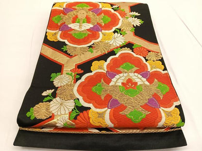 平和屋着物◎六通柄袋帯 唐織 亀甲花文 黒地 金糸 正絹 逸品 BAAV9725hv