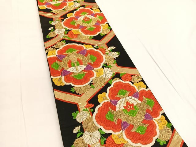 平和屋着物◎六通柄袋帯 唐織 亀甲花文 黒地 金糸 正絹 逸品 BAAV9725hv
