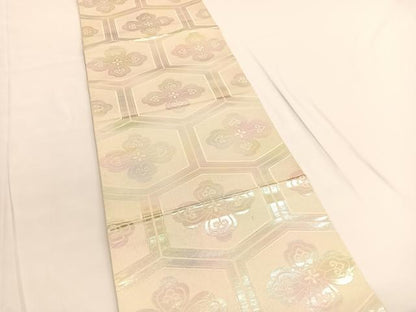 平和屋着物◎六通柄袋帯 亀甲花文 銀糸 正絹 逸品 未使用 BAAV9726hv