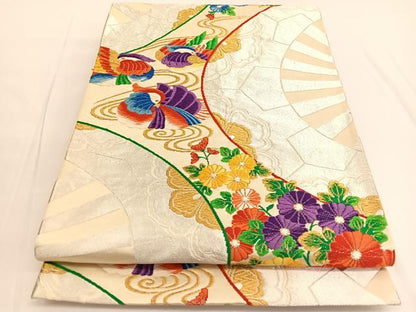平和屋着物◎六通柄袋帯 唐織 鴛鴦流水花文 金銀糸 正絹 逸品 BAAV9727hv