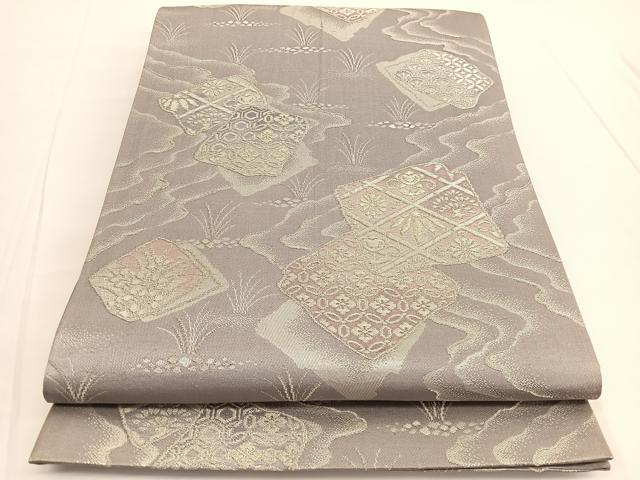 平和屋着物◎六通柄袋帯 破れ色紙有職花文 銀糸 正絹 逸品 BAAV9730hv