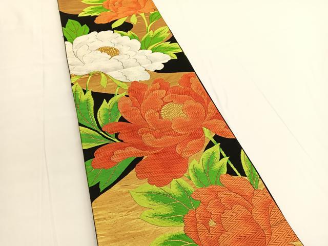 平和屋着物◎六通柄袋帯 唐織 牡丹 黒地 金糸 正絹 逸品 BAAV9734hv