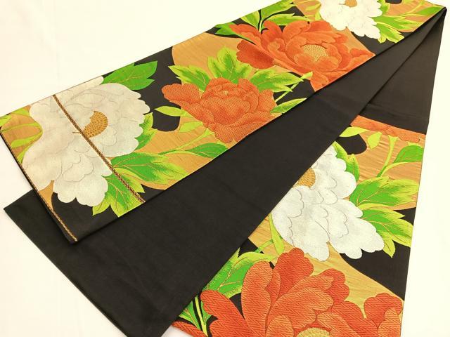 平和屋着物◎六通柄袋帯 唐織 牡丹 黒地 金糸 正絹 逸品 BAAV9734hv