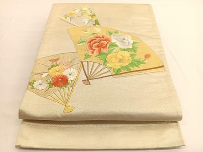 平和屋着物◎太鼓柄袋帯 総刺繍 扇面花文 銀糸 正絹 逸品 BAAV9746hv