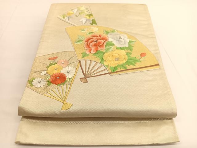平和屋着物◎太鼓柄袋帯 総刺繍 扇面花文 銀糸 正絹 逸品 BAAV9746hv