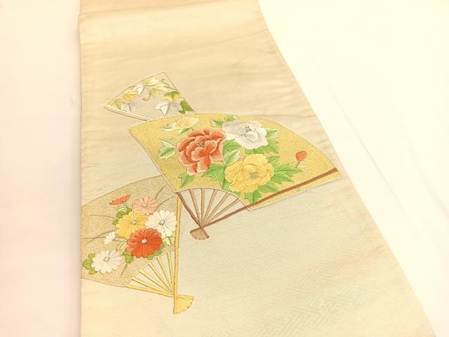 平和屋着物◎太鼓柄袋帯 総刺繍 扇面花文 銀糸 正絹 逸品 BAAV9746hv