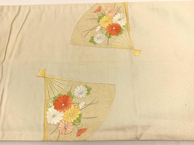 平和屋着物◎太鼓柄袋帯 総刺繍 扇面花文 銀糸 正絹 逸品 BAAV9746hv