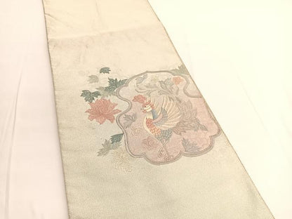 平和屋着物◎太鼓柄袋帯 総刺繍 綴れ 鳳凰花文 銀糸 正絹 逸品 BAAV9747hv