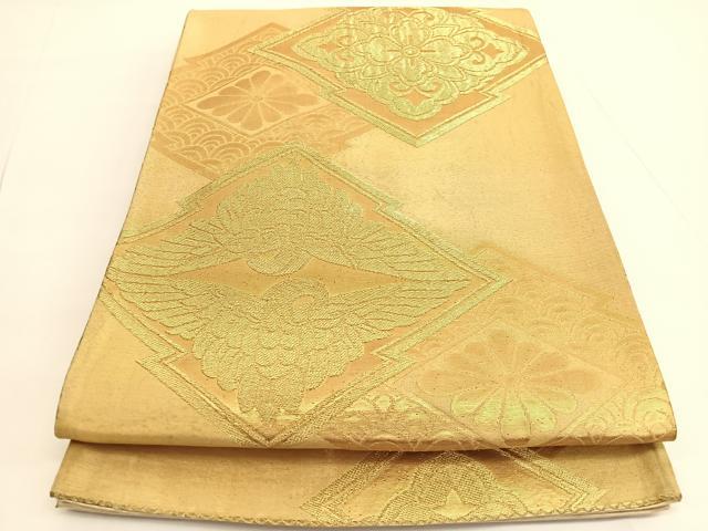 平和屋着物◎六通柄袋帯 松皮菱双鶴j花文 金糸 正絹 逸品 BAAV9753hv
