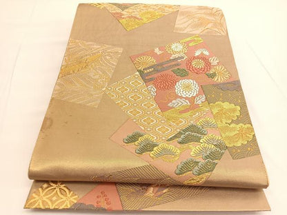 平和屋着物◎六通柄袋帯 唐織 色紙重ね立波花文 金糸 正絹 逸品 BAAV9758hv